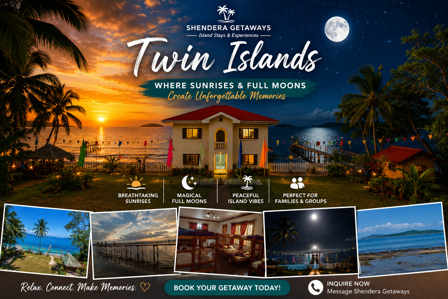 Twin Islands sunrise and full moon seaside view