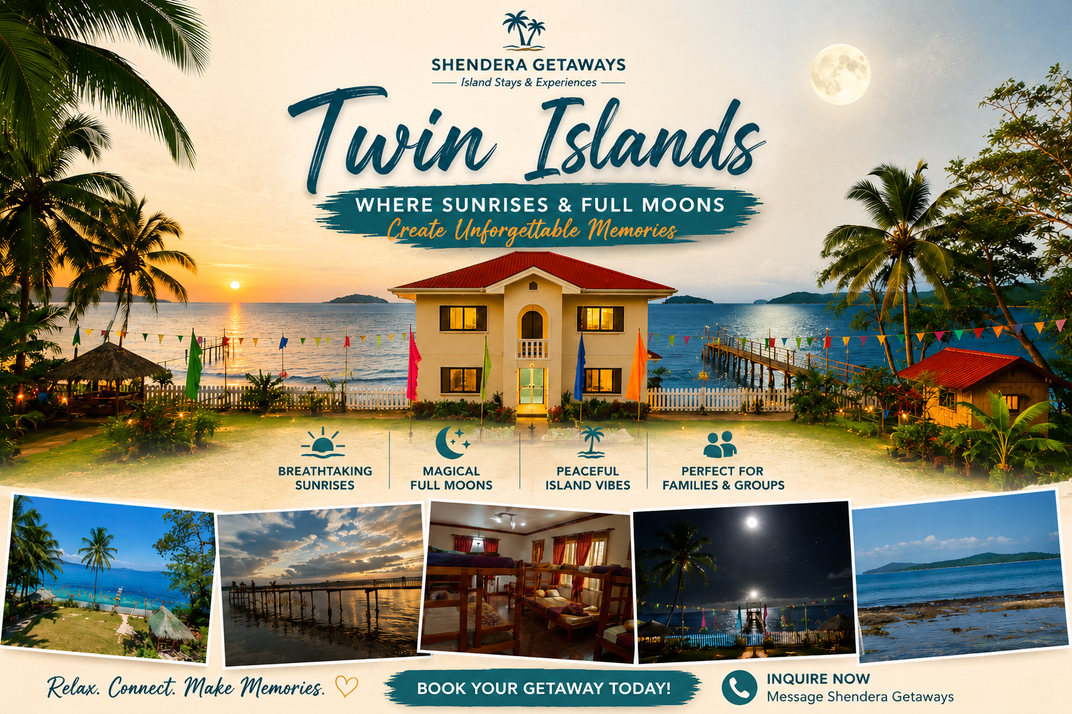 Twin Islands beachfront getaway with sunrise and full moon views